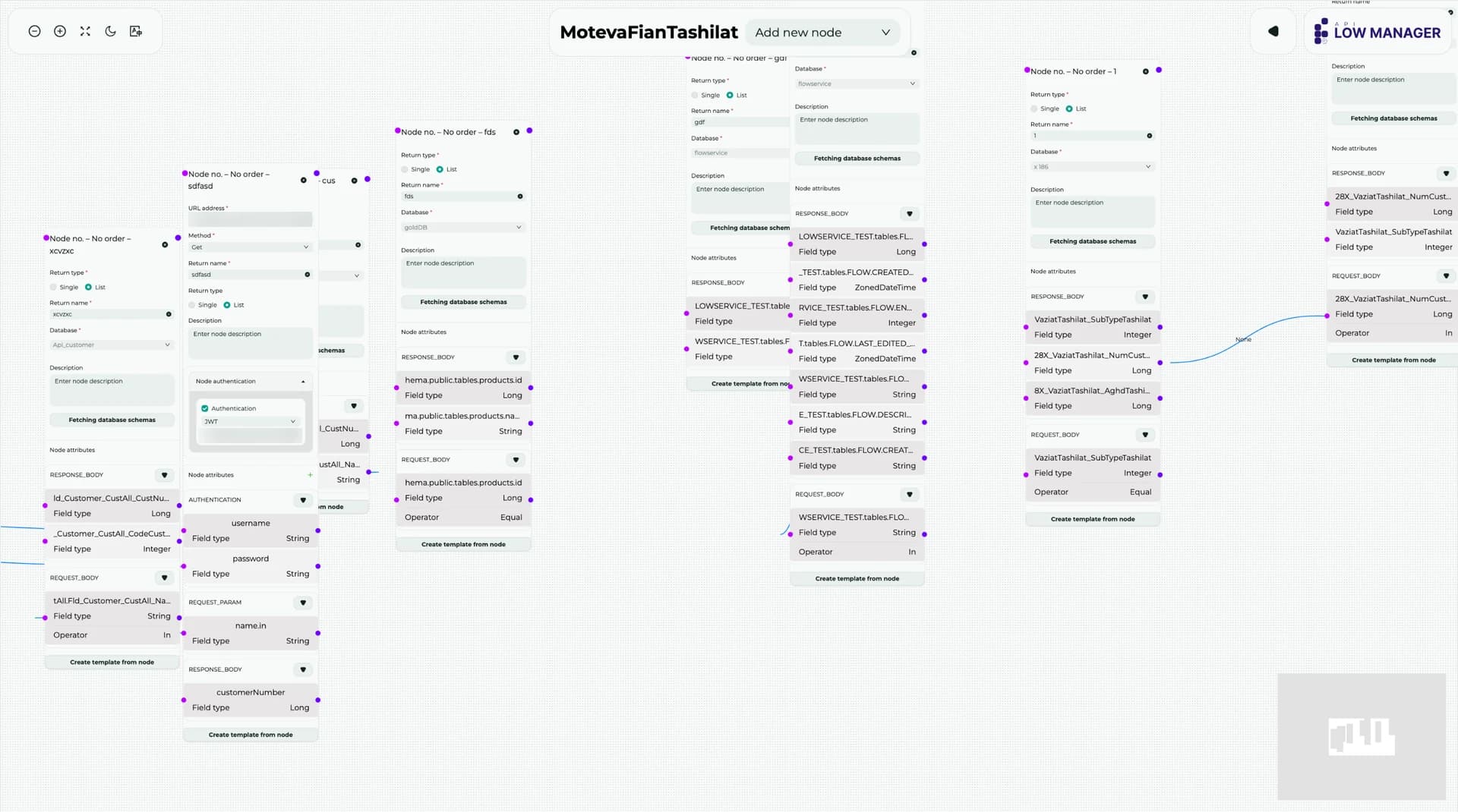 Flow designer canvas with connected API nodes